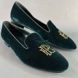 RALPH LAUREN Green Velvet Monogram Slip On Flats